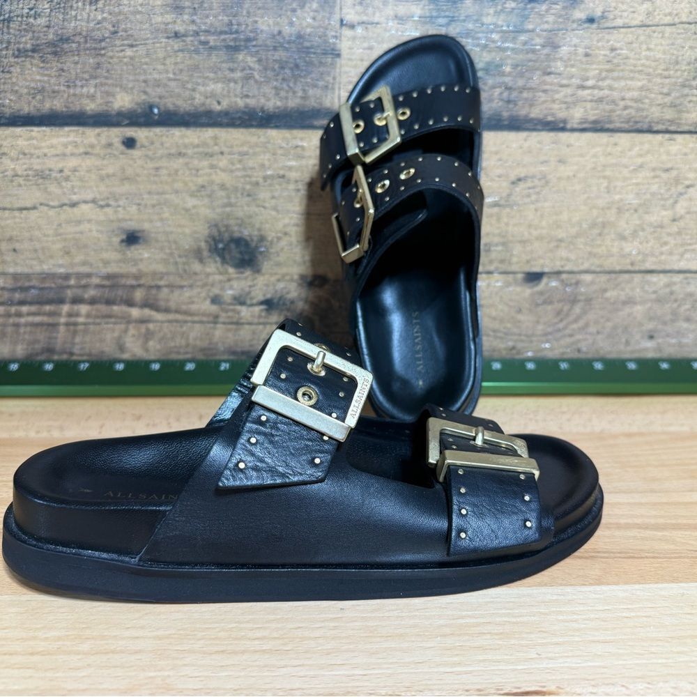 All Saints Black Leather Sandals with Gold Details - Picture 9 of 16